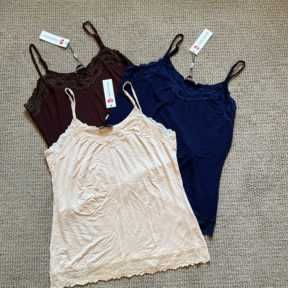 Kate Kasin Long Tank Adj Strap Lace Trim Cami  3 pk, XL NWT, blue, brown & beige